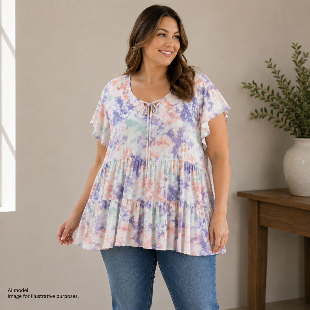 Torrid Shirt 2 Womens 2X Multicolor Tie Dye Babydoll Tunic Flutter Sleeve Top